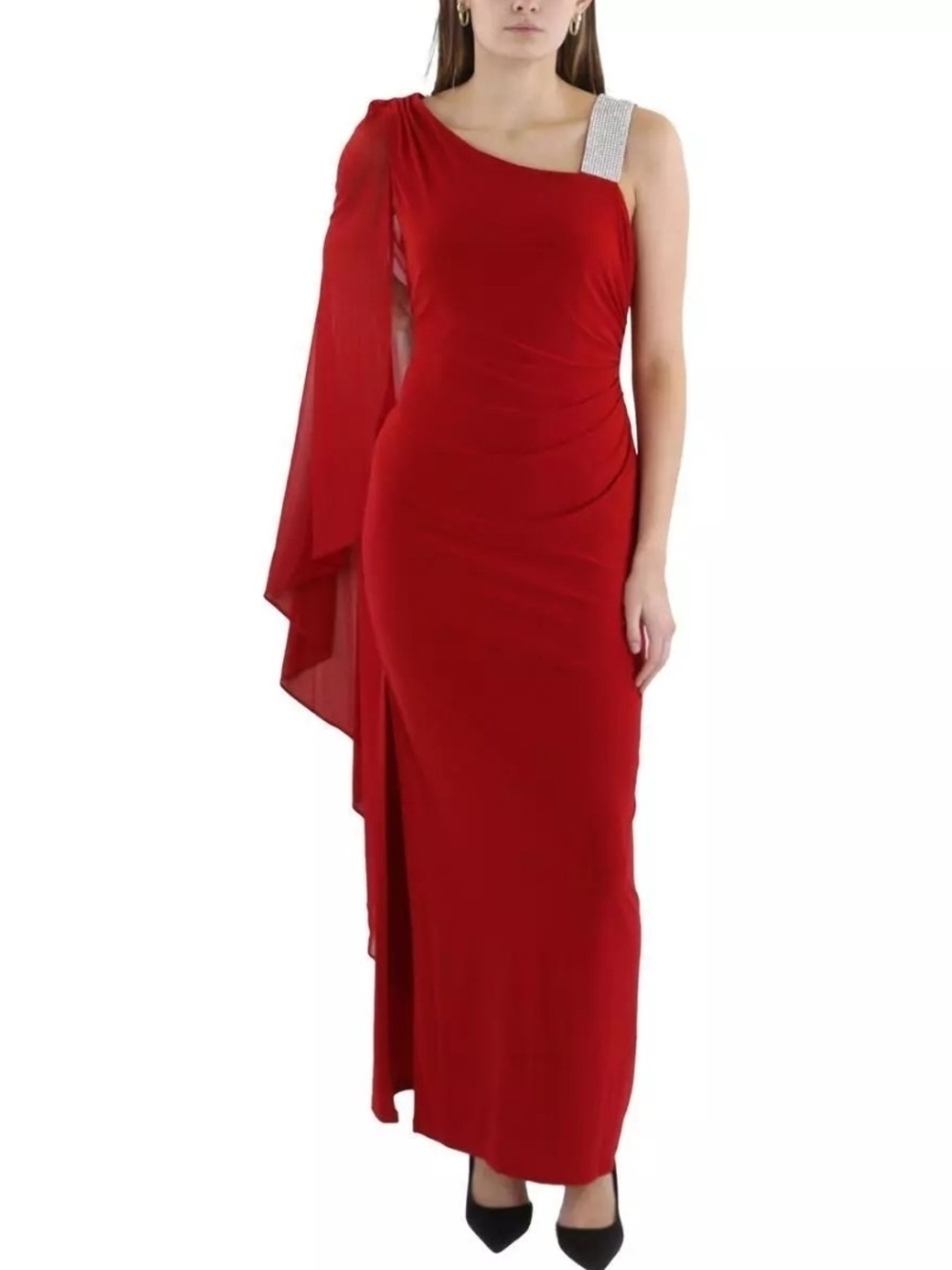 RM Richards Red One-Shoulder Evening Gown with Embellished Strap